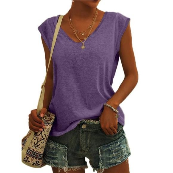 V Neck Womens T-Shirts Basic Tops for Women Cap Sleeve Loose Tank Tops - Picture 3 of 8